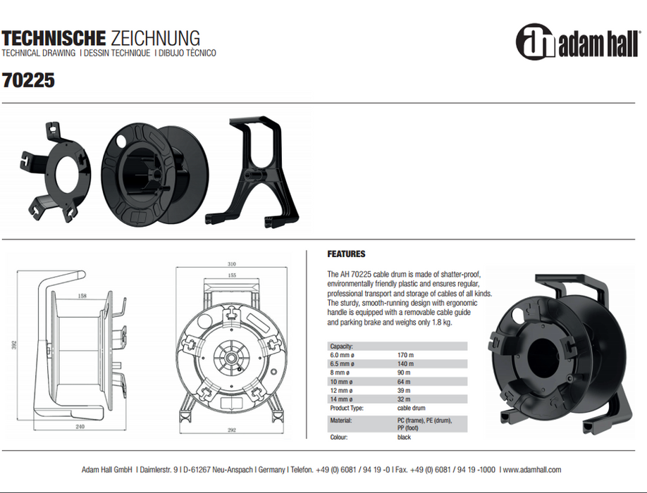 Adam Hall Adam Hall - Pro Enrolador de Cabo em plástico Ø310