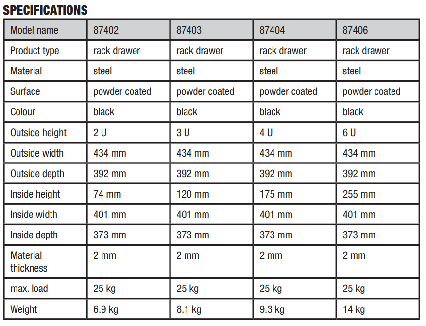 Adam Hall Hardware  Rack Drawer 6U Steel