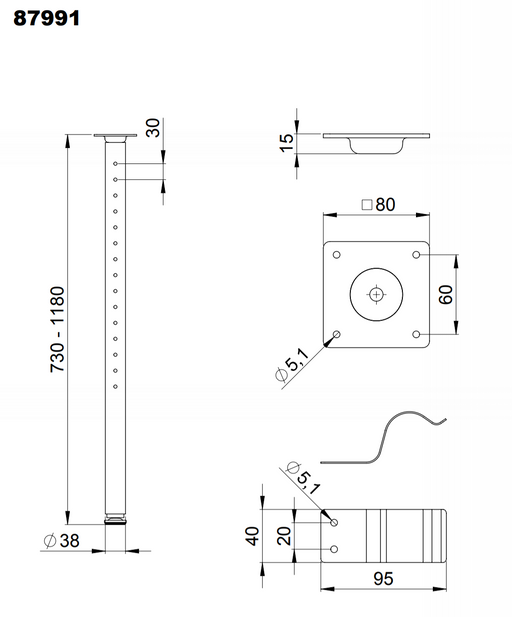 Adam Hall Hardware  Telescopic Table Leg Set 73 - 118 cm