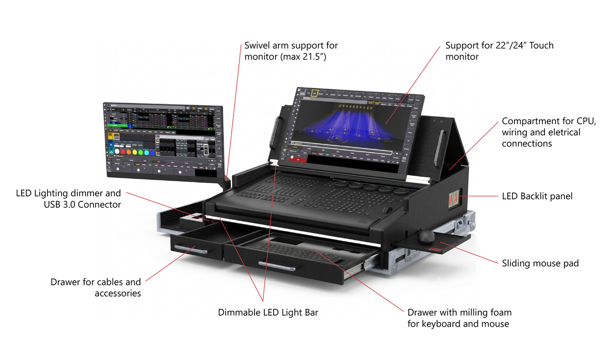 SANTOSOM Lighting controller Flight case PRO-51, MA3 OnPC CMD Wing / XT (with Swivel Arm)