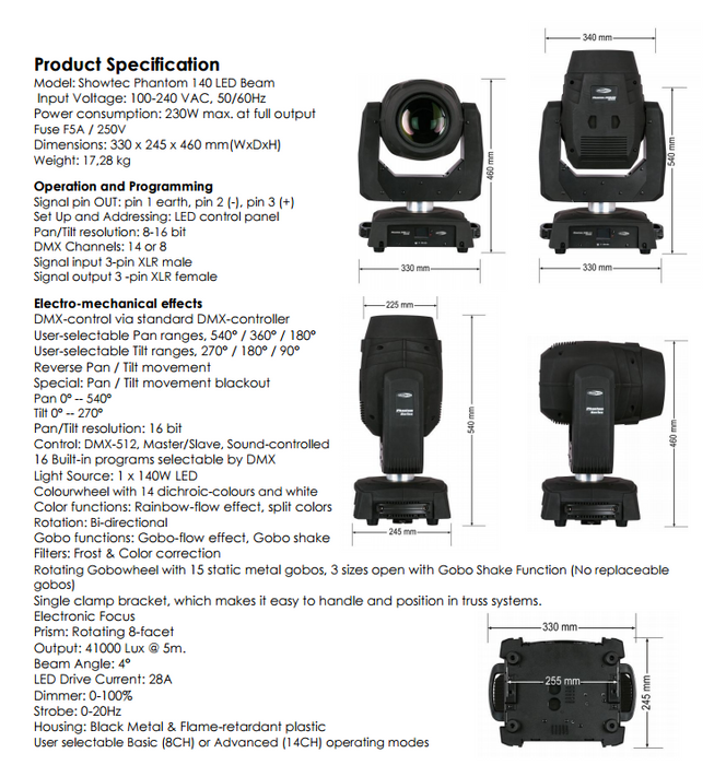 Santosom Moving Head Flight Case, 4x Showtec Phantom 140 LED Beam+Access.