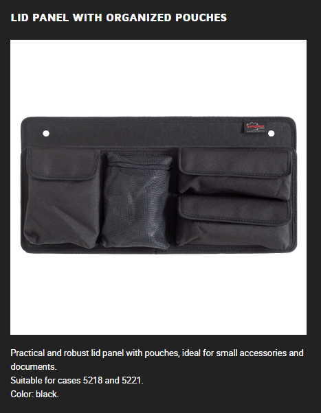PLASTIC CASES ACCESSORY Lid Panel With Organized Pouches for 5221 with PC pocket