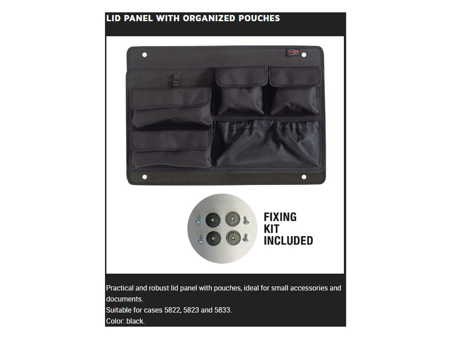 PLASTIC CASES ACCESSORY LID Panel With ORGANIZED POUCHES for 5822, 5823 & 5833