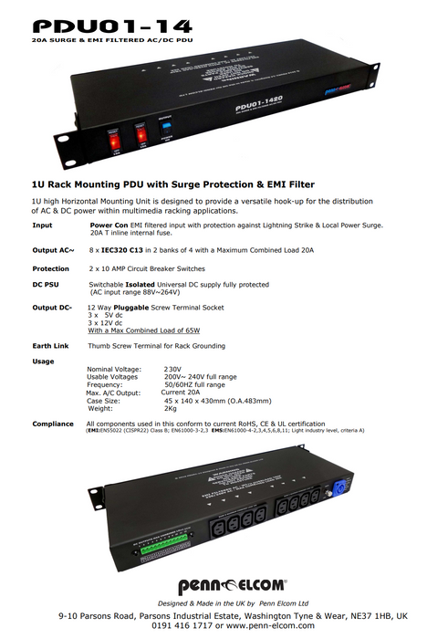 Penn 1U Rack Mounting PDU with Surge Protection & EMI Filter