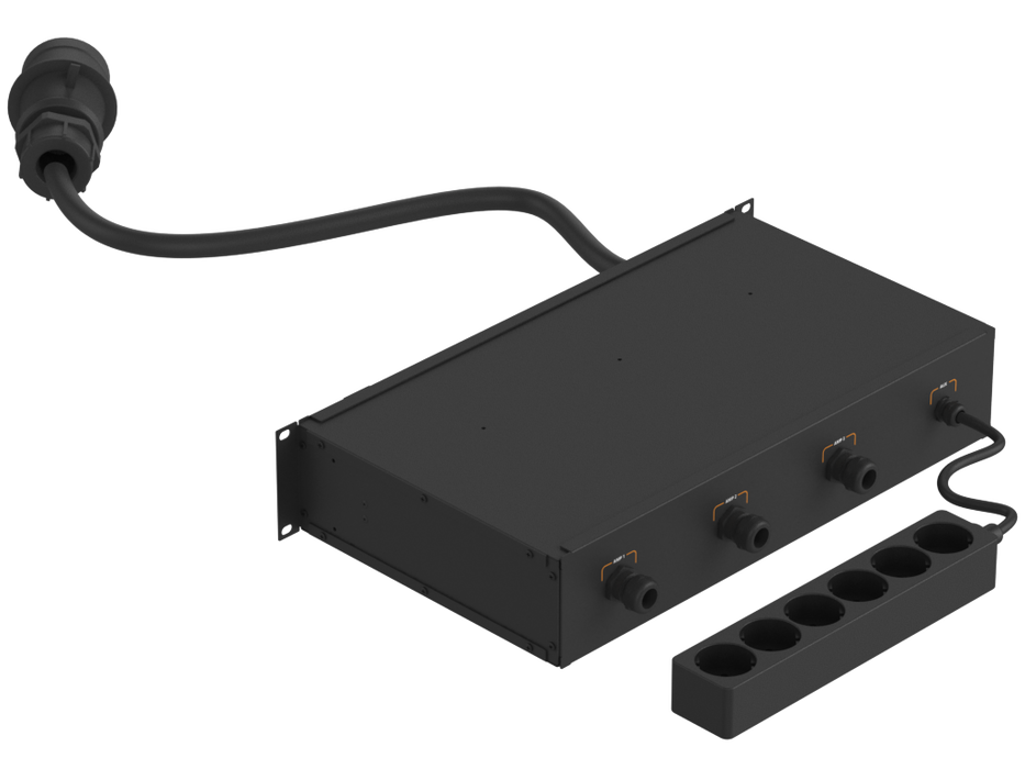 SANTOSOM 19" Rack Power Distro, 32A 5P IN/ 3 OUT Bucim + AUX