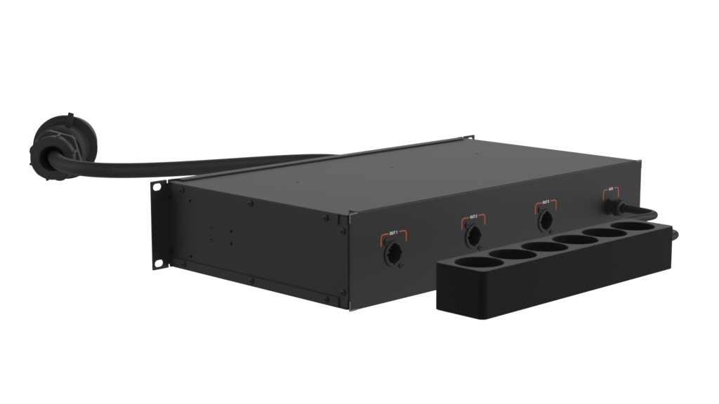 SANTOSOM 19" Rack Power Distro, 32A 5P IN/ 3 OUT Bucim + AUX