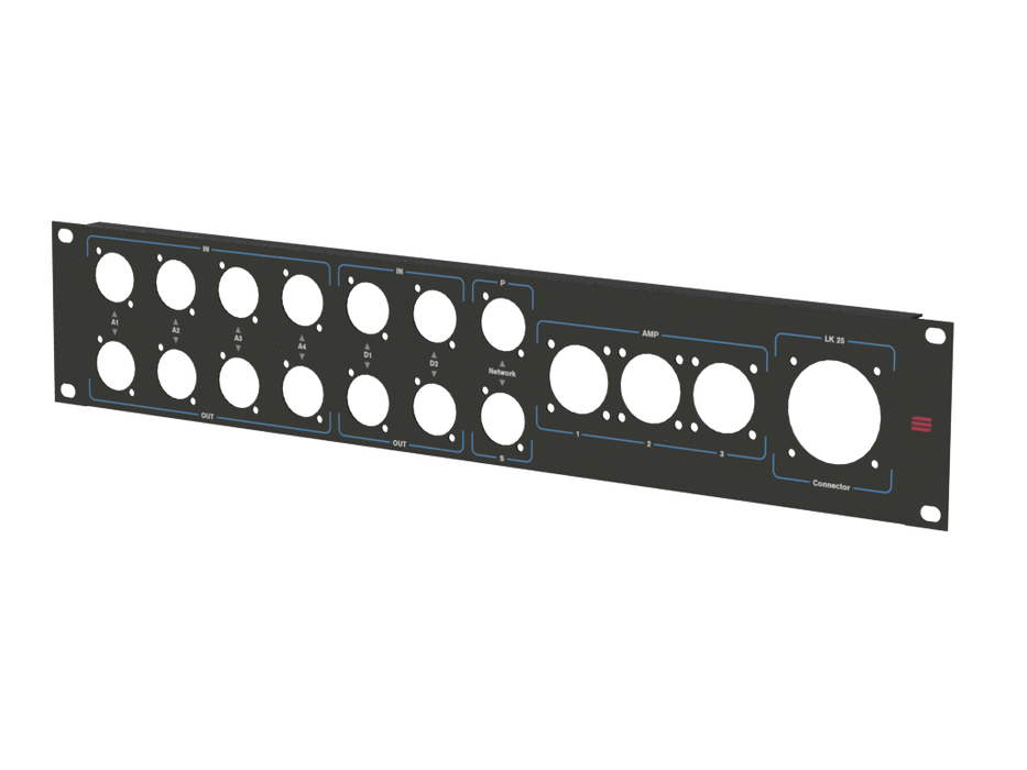 Adam Hall HARDWARE Rack Panel 2U, 18 holes (IN, OUT, AMP, LK25)