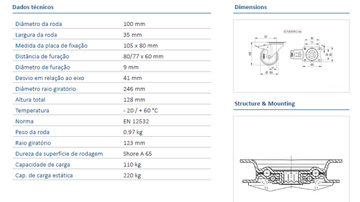 Tente HARDWARE Swivel wheel Ø100mm with brake (Cap.100kg)
