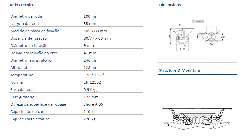 Tente HARDWARE Swivel wheel Ø100mm with brake (Cap.100kg)