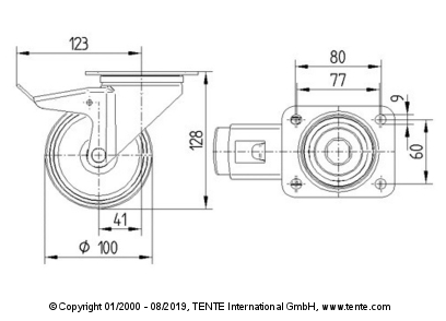 Tente Hardware  Self returning castors Ø100mm w/ brake