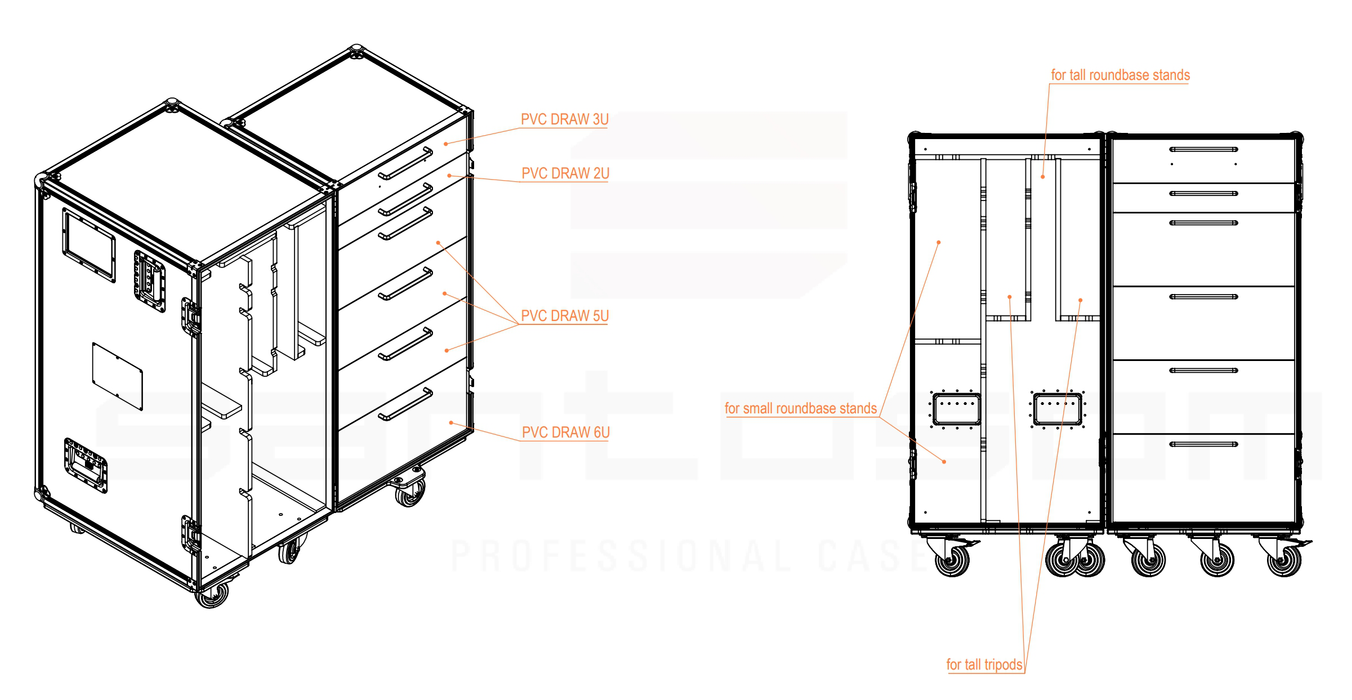 Santosom Flight case PRO, 10x tripods + 8x roundbases + 6 drawers