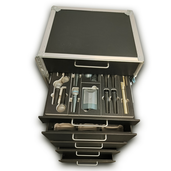 SANTOSOM MICROPHONE STANDS Flight case PRO-2B, 10x Stands + 8x Roundbases + 6x Drawers