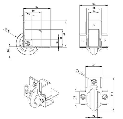 Adam Hall Hardware  Recessed Edge Castor 75mm