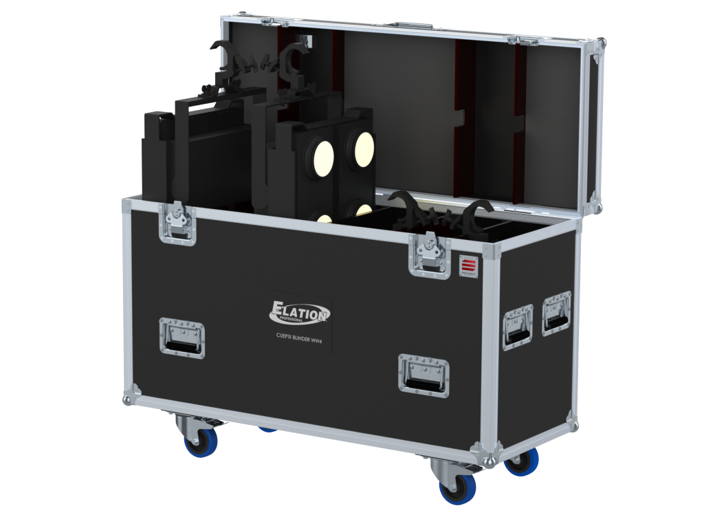 Santosom Blinder Flight case, 4x Elation Cuepix BLINDER WW4 (clamps on)