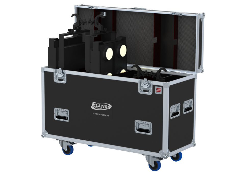 Santosom Blinder Flight case, 4x Elation Cuepix BLINDER WW4 (clamps on)