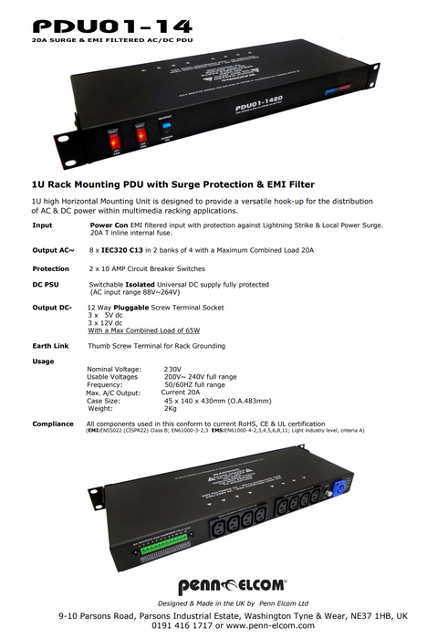 Penn   1U Rack Mounting PDU with Surge Protection & EMI Filter
